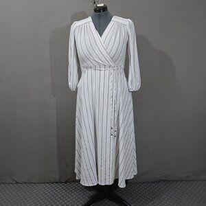 Calvin Klein Striped Faux Wrap Maxi Dress A-Line Puff Sleeve Size 14 Preowned
